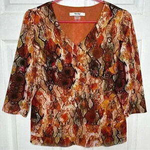 Tanjay Petite Blouse Mesh Ruffles 3/4 Length  Sleeves V-Neck Orange Size Small